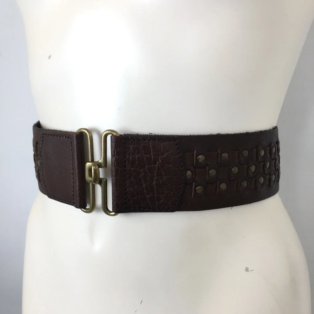 Wide Boho Woven Leather Stretchy Belt Brown with Brass Studs Women’s Size L/XL